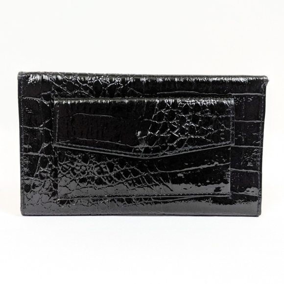 Belle Rose Formal Wallet Patent Leather Crocodile Embossed Shiny Black Retro - Picture 2 of 9